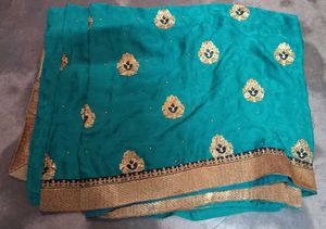 Elegant Teal Saree Party Wear Heavy Embroidery