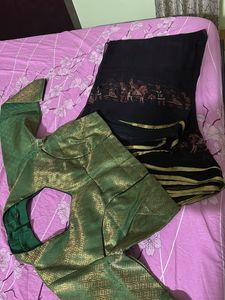 Black Shiffon Saree With Green Full Sleeves Blouse