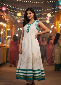 Elegant White & Teal Embroidered Anarkali