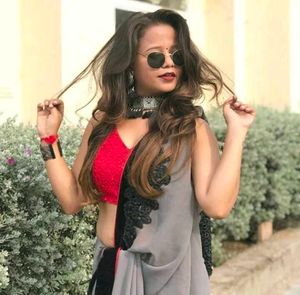 Grey & Red Saree with Black Accents