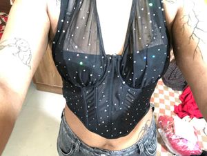 Newme rhinestone Black Halter y2k Corset Top