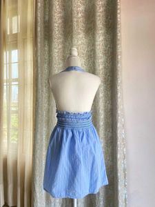 Blue Striped Halter Poplin Mini Dress