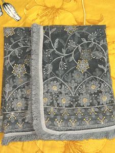 Grey Embroidered Floral Net Dupatta