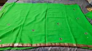 New Parrot Green Sari With Unstitched Blouse