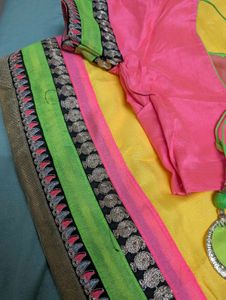 Bright Yellow Saree With Pink Blouse