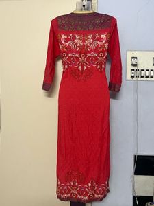 Embroidered Pure Cotton Red Kurta