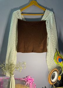 Brown Crop Top with Lace Sleeves