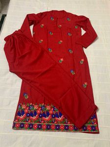 Kashmiri Red Embroidered Kurta Pant Set