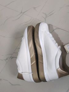 New White And Gold Women Sneakers With Tag