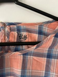 Peach Cotton Casual Checkered Top