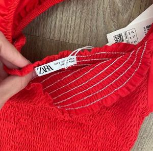 Zara Boho Cotton Bright Red Ruffles Smocked