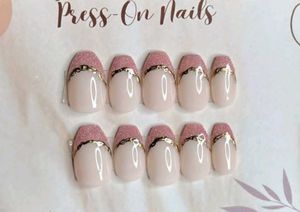 Pink Glitter Gold Trim Press-On Nails