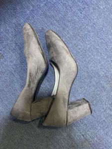 Grey Suede Block Heel Pumps