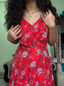 Red Floral Slip Dress with Slit❤️‍🔥