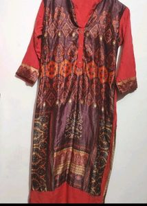 Coral &amp; Brown Kurta Plazo Set For 32 Bust