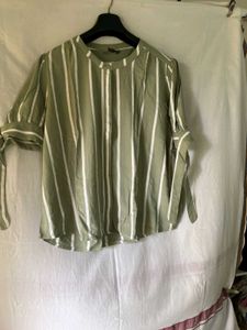 Green Striped Tie Sleeve Top For Women