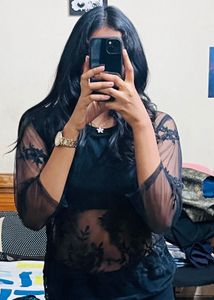 Elegant Black Sheer Embroidered Mesh Top