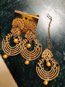 Long Nd Beautiful Stonework Earring With Mang Tika