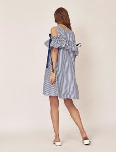 Striped Ruffle Cold Shoulder Dress