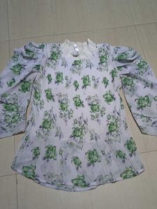 Elegant White & Green Floral Puff Sleeve Top