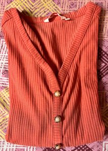 Coral Ribbed Knit Button-Up Top