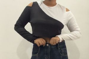 Urbanic Rib Black White Cold Cut Shoulder Crop Top
