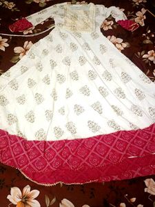 White & Pink Printed Anarkali Kurta