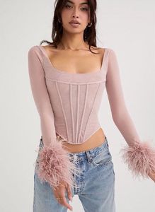 Women&#39;s Feather Long Sleeve Corset Top Faux Fur
