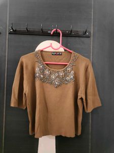 Partywear Knitted Crop Top With Beads Work