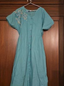 Teal Embroidered Button-Down Dress