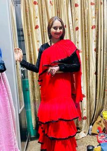 Readymade Red Ruffle Saree with Black Shiny Border