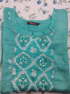 Women'S Cotton Mirror Work A-Line Kurta & Dupatta