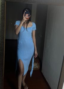 BLUE RIB-KNIT  BODYCON MIDI DRESS