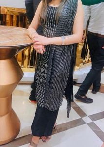 Black With Silver Foil print Party Wear Kurta Set