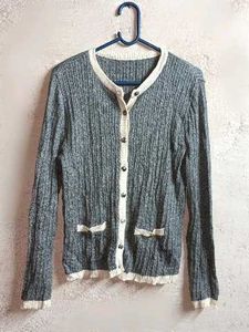 Ladies Winter Fashion Cardigan Ribbed Sweater Grey