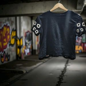 Black Crochet Floral Top