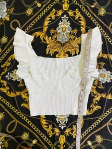 Korean Cute White Ruffle Knit Cropped Top Bust 34