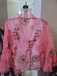 Diwali Pink Organza Embroidered Zipped Coat