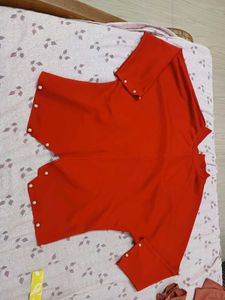 Red Pearl Button Top