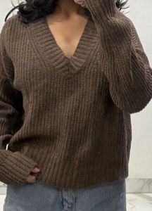 Brown Crop V Neck Cardigan