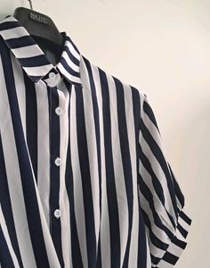 White &amp; Navy Tie-Front Cropped Shirt