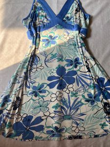 V-neck Blue And White Floral Print Dress