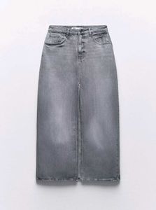 ZARA Denim Midi Skirt with Slit - Grey