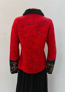 Red Embroidered Faux Fur Collar Jacket