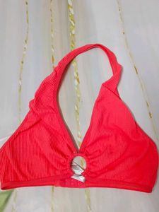 (1013)Bright Pink Ring Detail Halter Bikini Top
