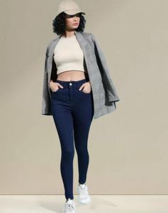 Dark Blue High-waist Skinny Jeans [streachable]