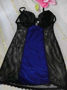 (1004)Blue &amp; Black Mesh Lingerie Dress