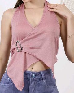 Halter Neck Handkerchief Hem Shimmer Wrap Top