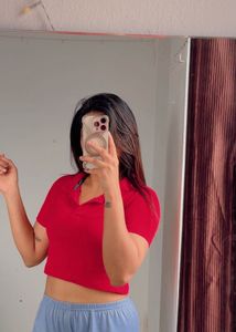 Red Polo Neck Crop Top