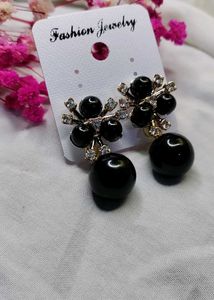 Black Flower Ball Drop Earrings